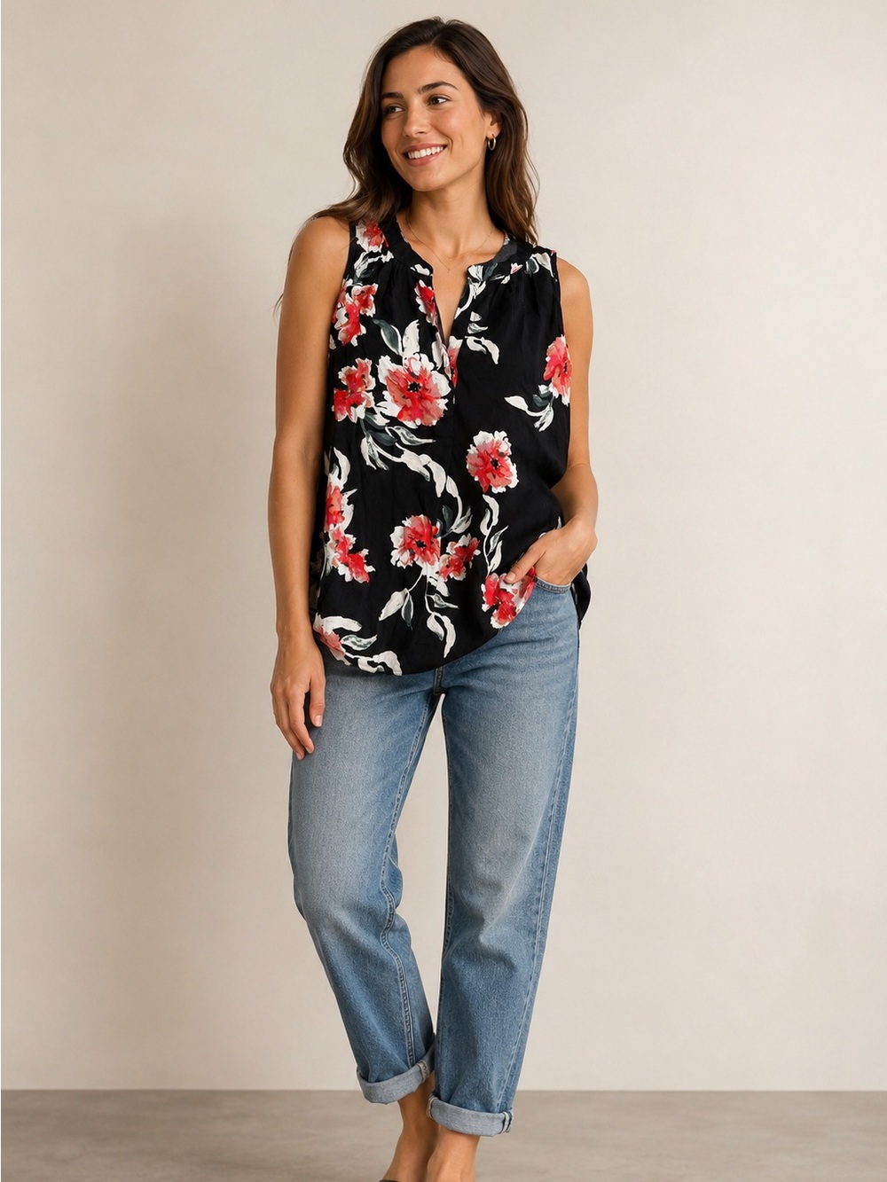 VICI Black Sleeveless Floral Camisole with Red and Cream Blooms